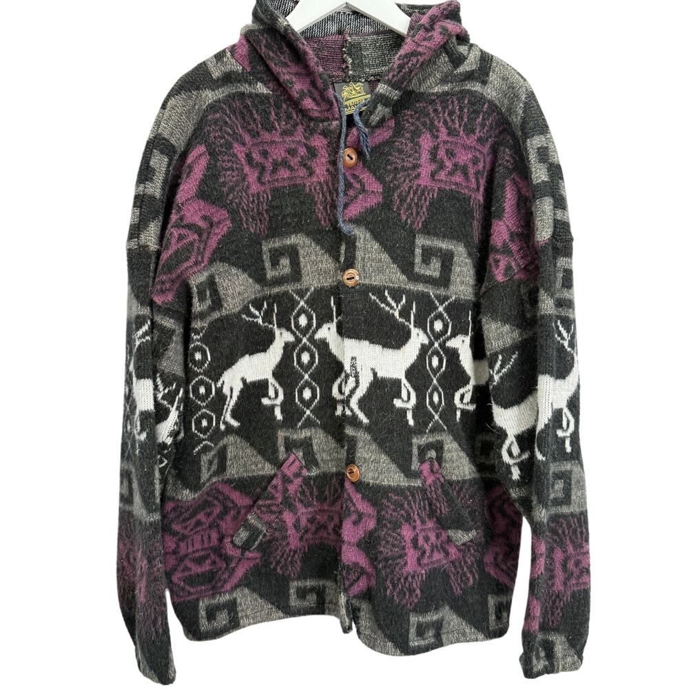 Tejidos Imalaya Button Front Hoodie Black Purple Deer Wool Aztec Design Size XL
